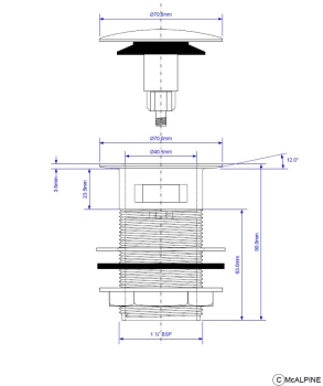 Preview: Technische Zeichnung einer McAlpine Badewannen Ablaufgarnitur mit Überlauf, Ø 70 mm, Chrom massiv, mit Klick-Verschluss (Pop-up)